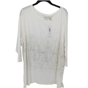 Zenergy by Chicos Top Womens Ivory XL Optic Foil Geometric 3/4 Sleeve Mature NWT